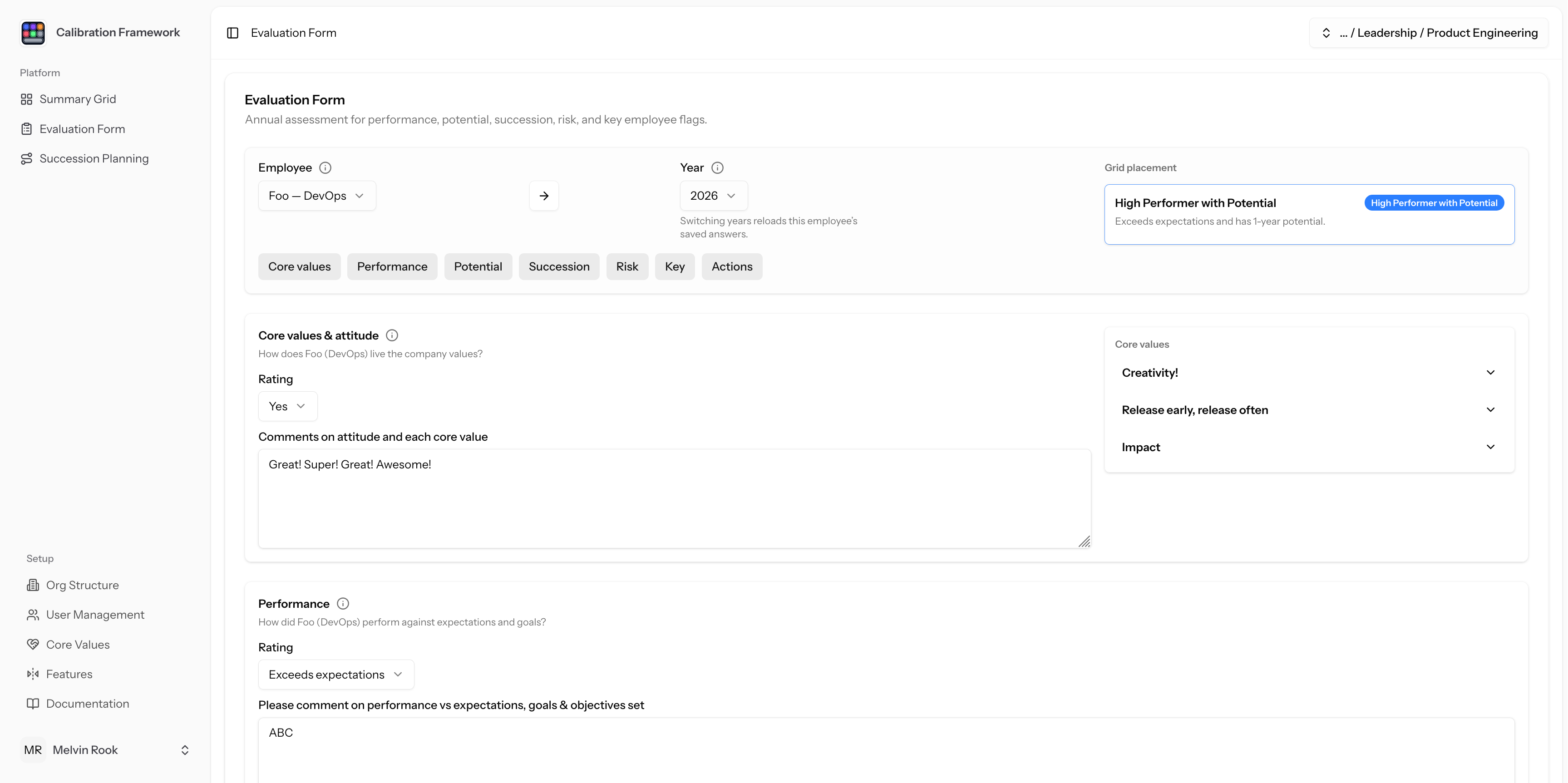 Guided evaluation form showing structured ratings and narrative prompts.