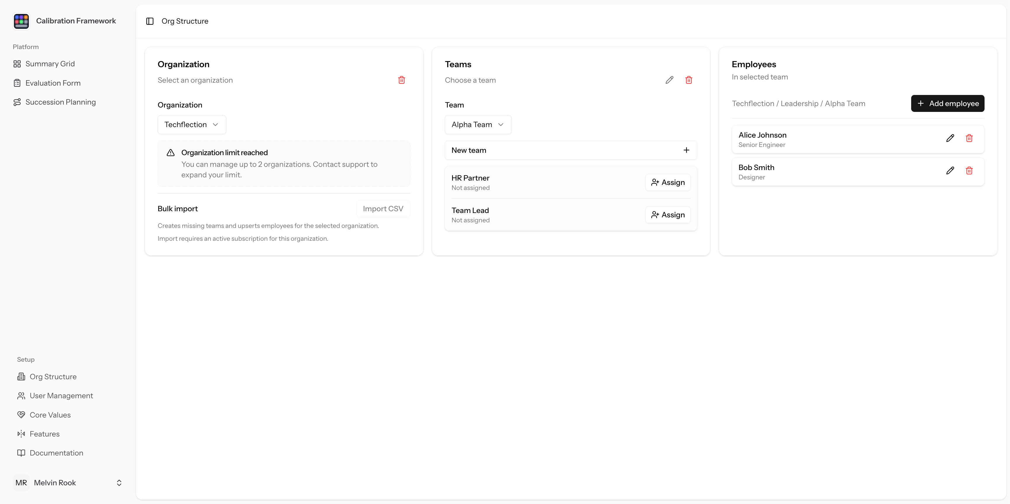 Organization setup screen showing teams, roles, access, and feature controls.